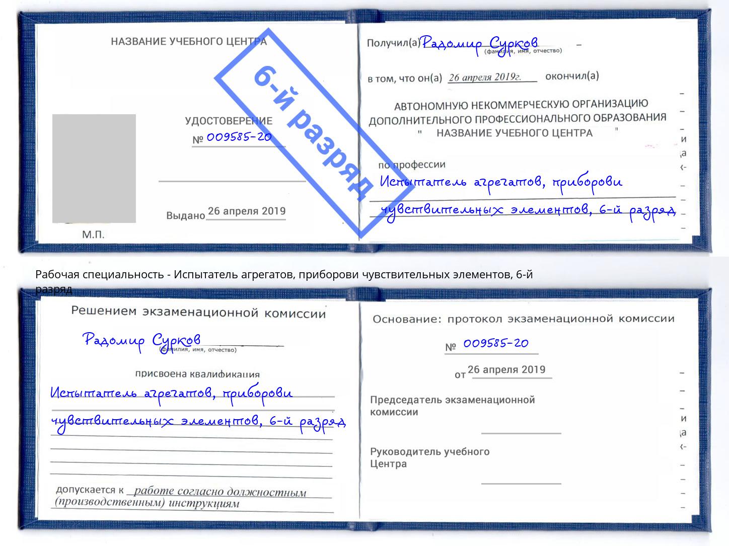 корочка 6-й разряд Испытатель агрегатов, приборови чувствительных элементов Добрянка