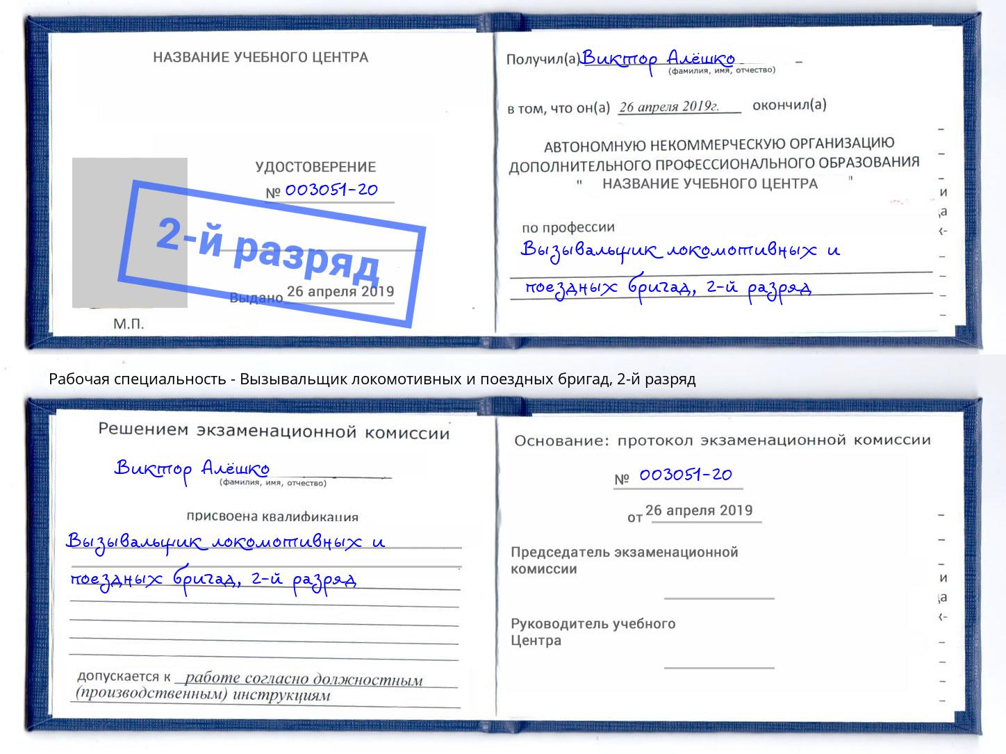 корочка 2-й разряд Вызывальщик локомотивных и поездных бригад Добрянка