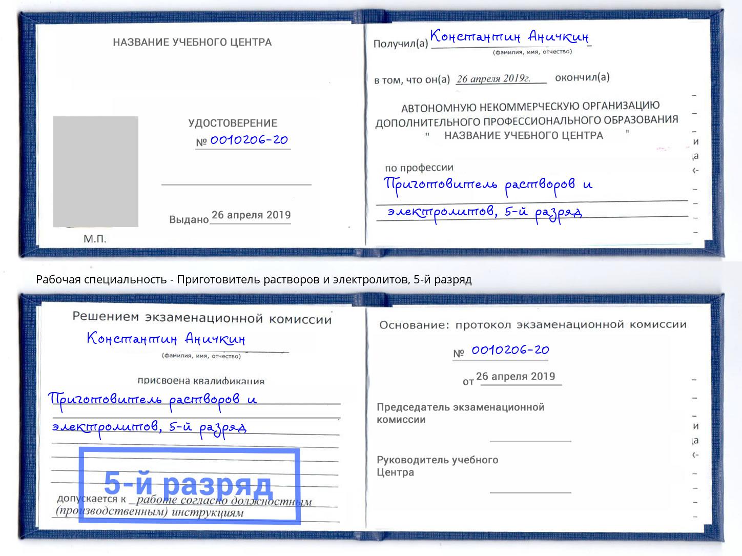 корочка 5-й разряд Приготовитель растворов и электролитов Добрянка