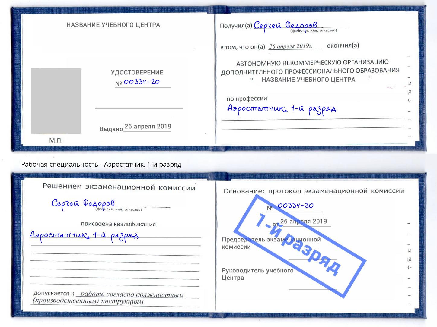 корочка 1-й разряд Аэростатчик Добрянка