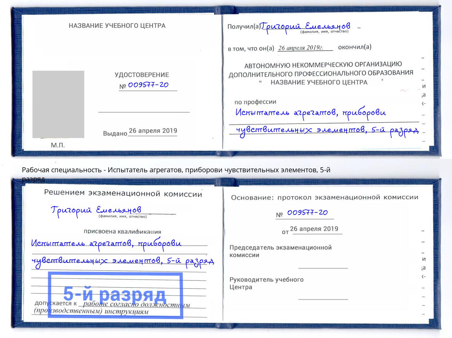 корочка 5-й разряд Испытатель агрегатов, приборови чувствительных элементов Добрянка