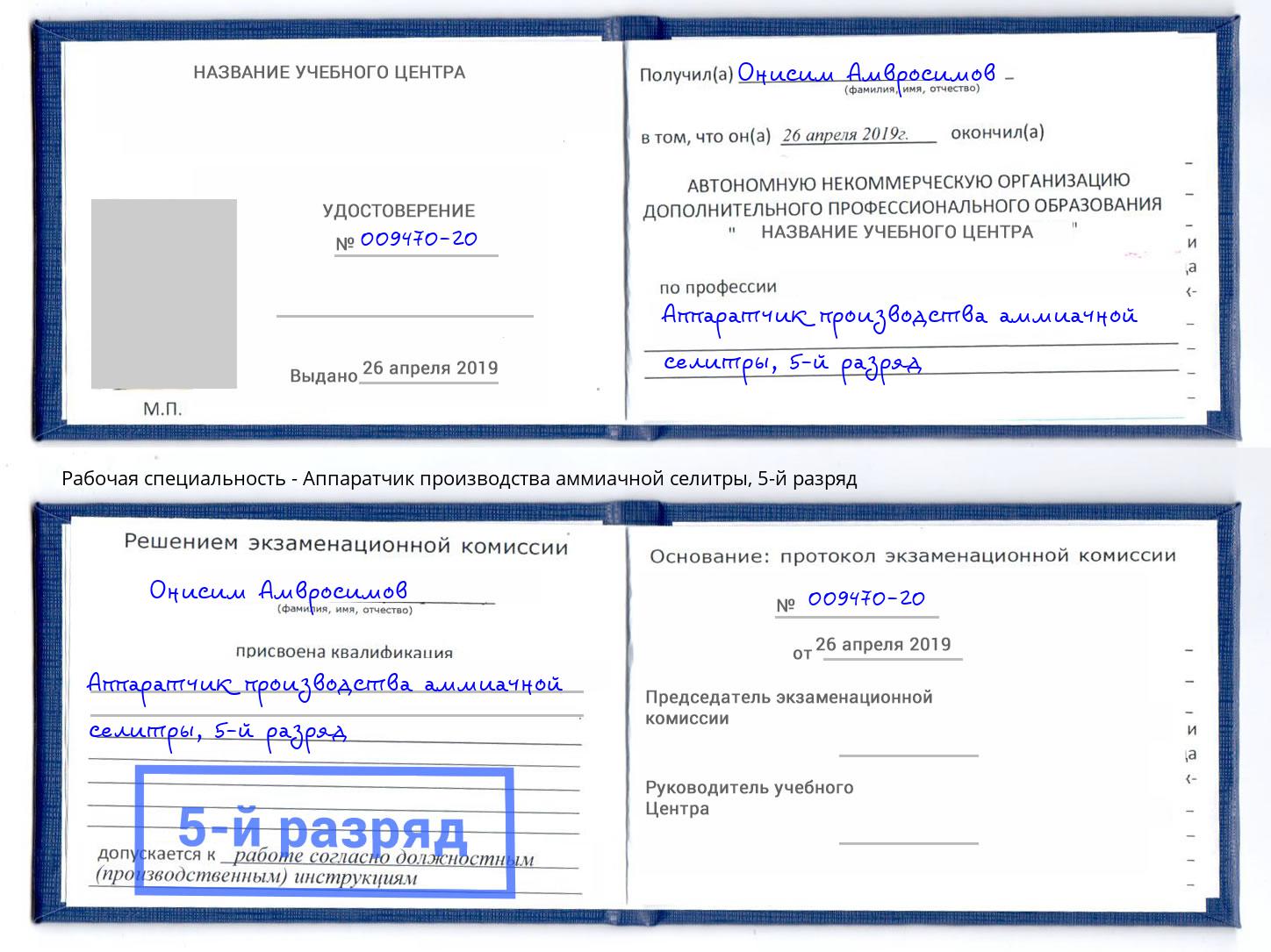 корочка 5-й разряд Аппаратчик производства аммиачной селитры Добрянка