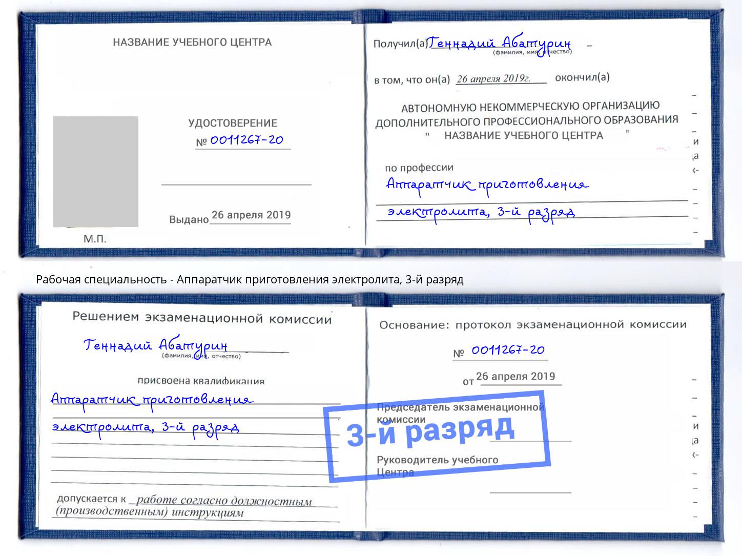 корочка 3-й разряд Аппаратчик приготовления электролита Добрянка
