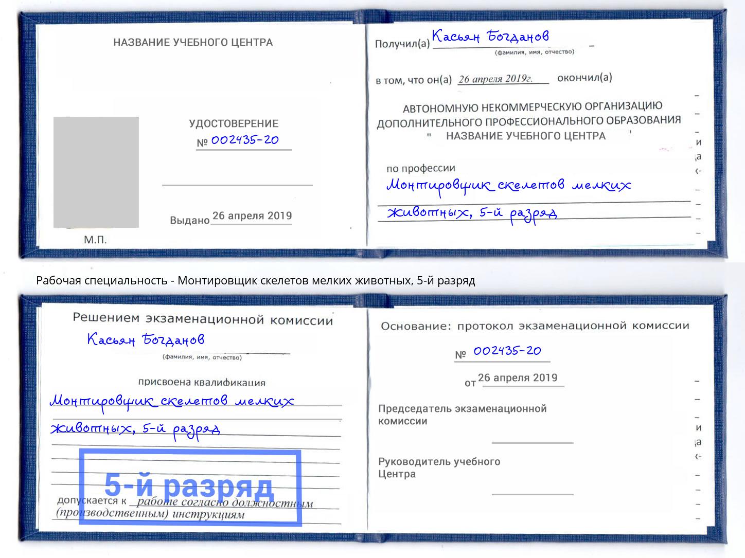 корочка 5-й разряд Монтировщик скелетов мелких животных Добрянка