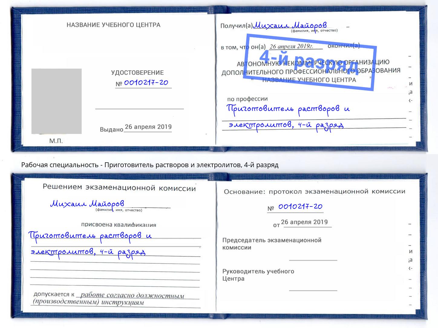 корочка 4-й разряд Приготовитель растворов и электролитов Добрянка