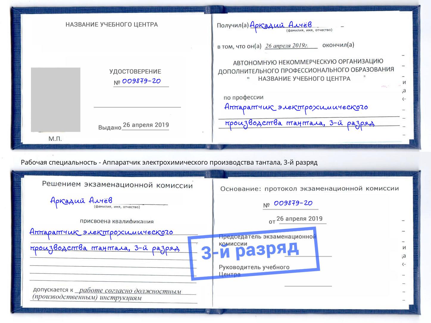 корочка 3-й разряд Аппаратчик электрохимического производства тантала Добрянка