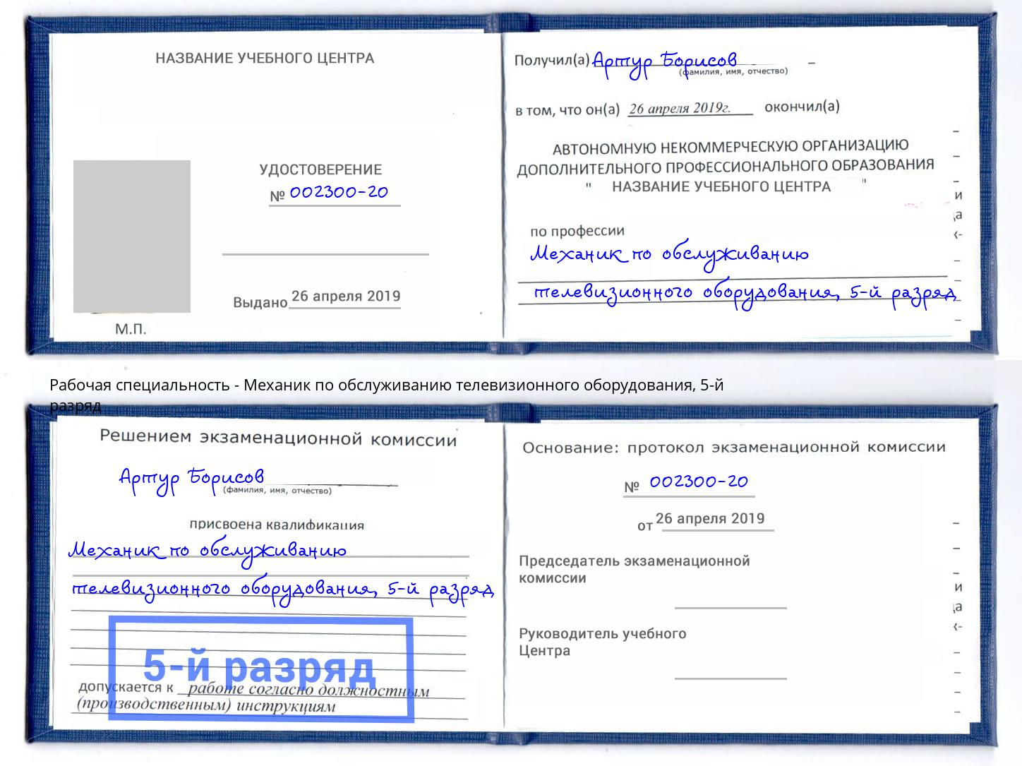 корочка 5-й разряд Механик по обслуживанию телевизионного оборудования Добрянка