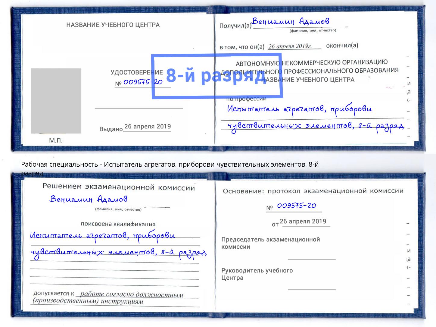 корочка 8-й разряд Испытатель агрегатов, приборови чувствительных элементов Добрянка